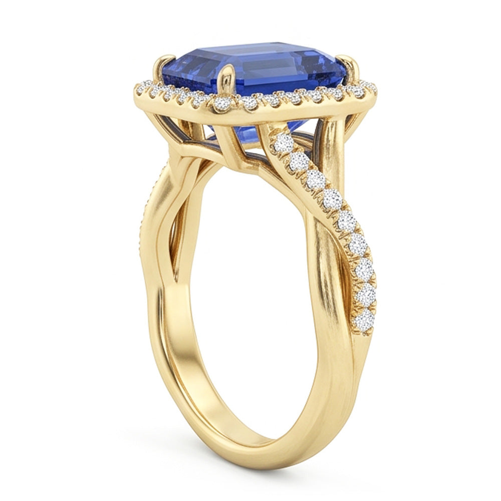 Yellow Gold Halo Ring Emerald Shaped Sri Lankan Sapphire 3 Carats