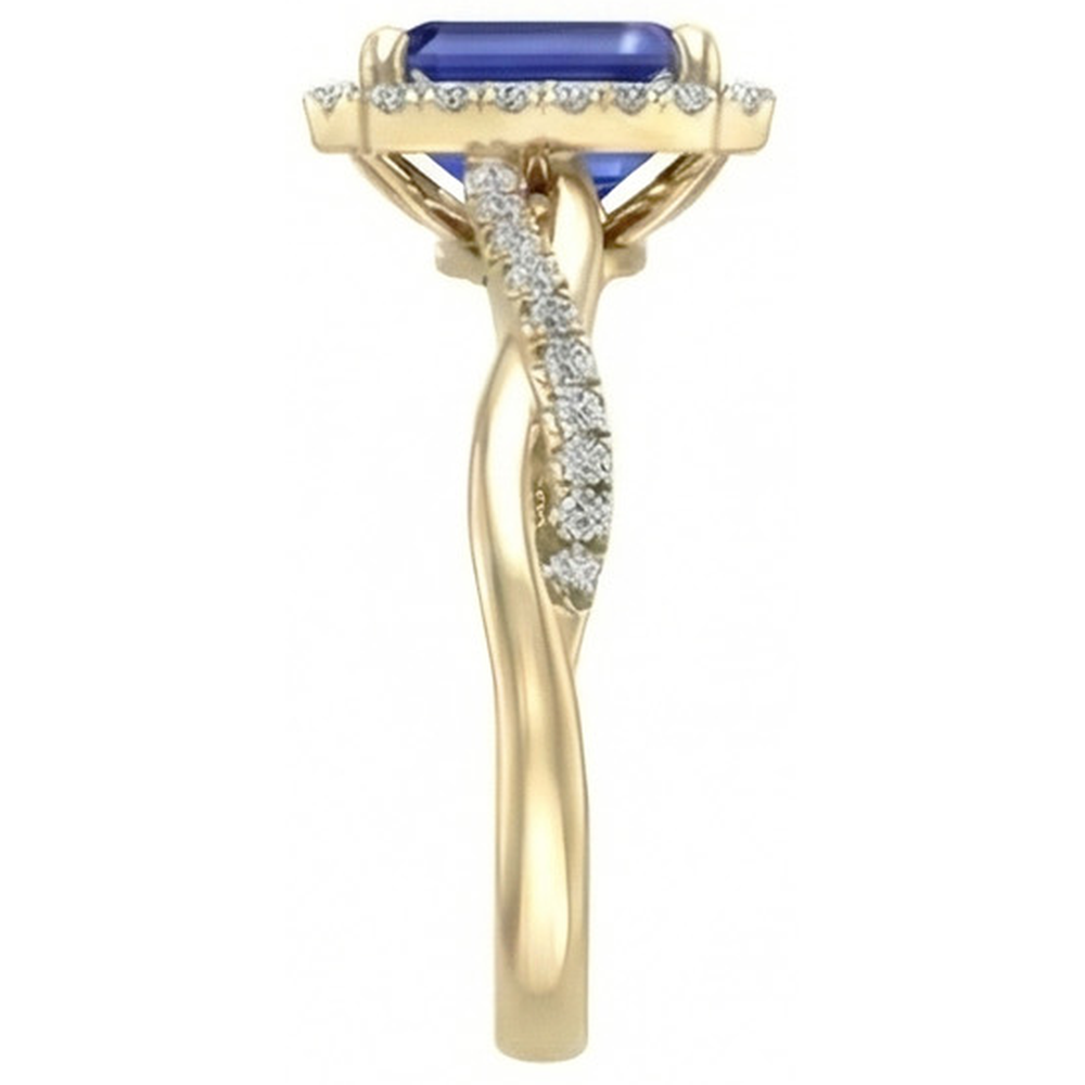 Yellow Gold Halo Ring Emerald Shaped Sri Lankan Sapphire 3 Carats