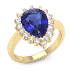 Yellow Gold Halo Ring Flower Style Ceylon Sapphire & Natural Earth Mined Diamond ( Not Lab Grown )s 4 Carats