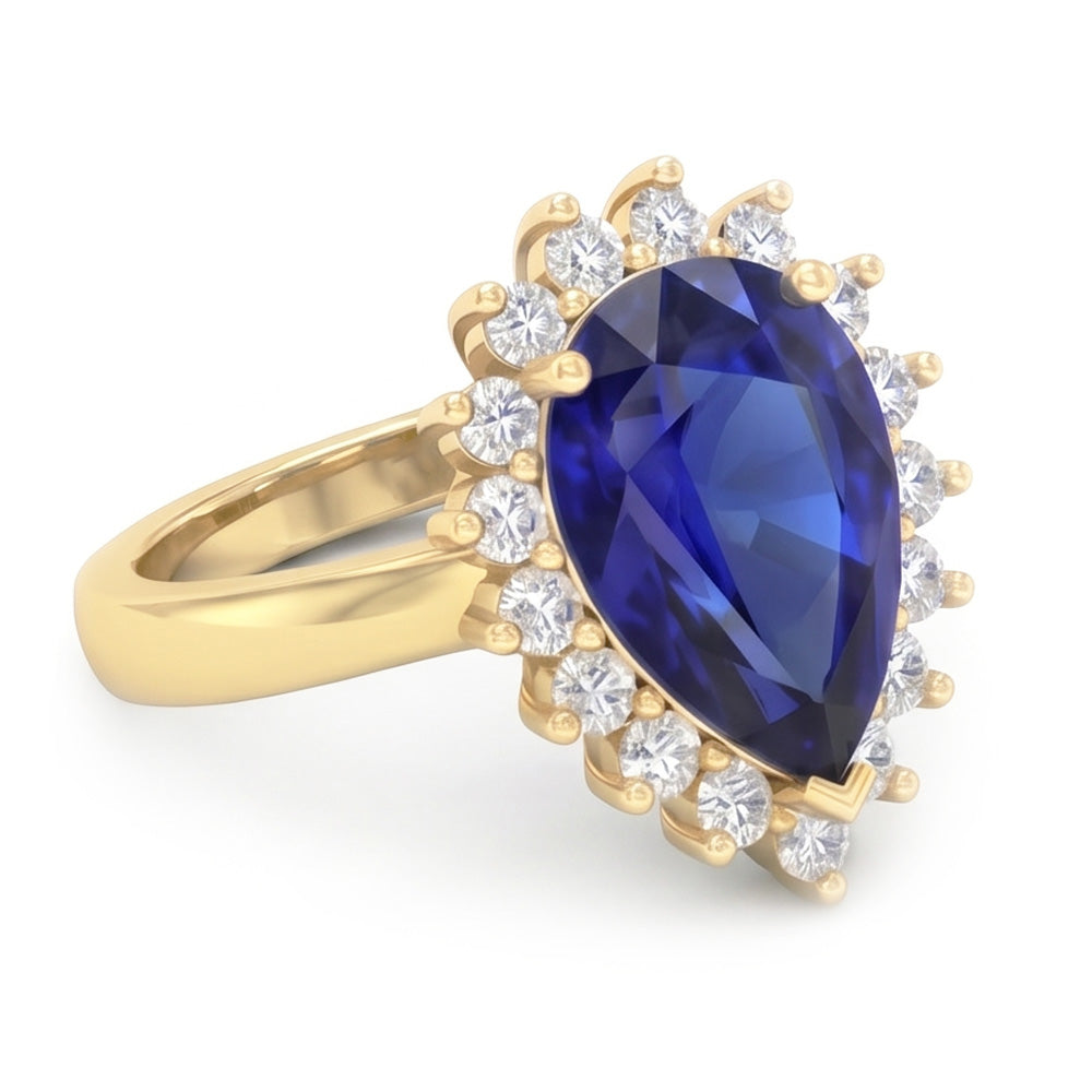 Yellow Gold Halo Ring Flower Style Ceylon Sapphire & Natural Earth Mined Diamond ( Not Lab Grown )s 4 Carats