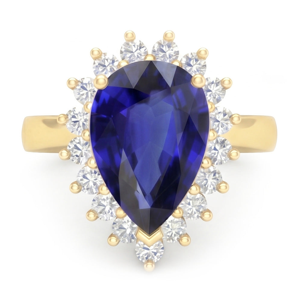 Yellow Gold Halo Ring Flower Style Ceylon Sapphire & Natural Earth Mined Diamond ( Not Lab Grown )s 4 Carats