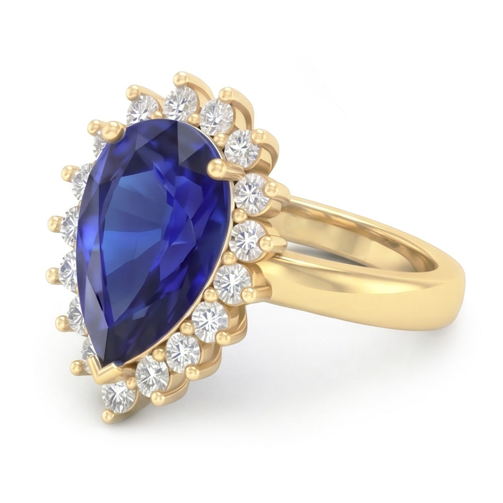 Yellow Gold Halo Ring Flower Style Ceylon Sapphire & Natural Earth Mined Diamond ( Not Lab Grown )s 4 Carats