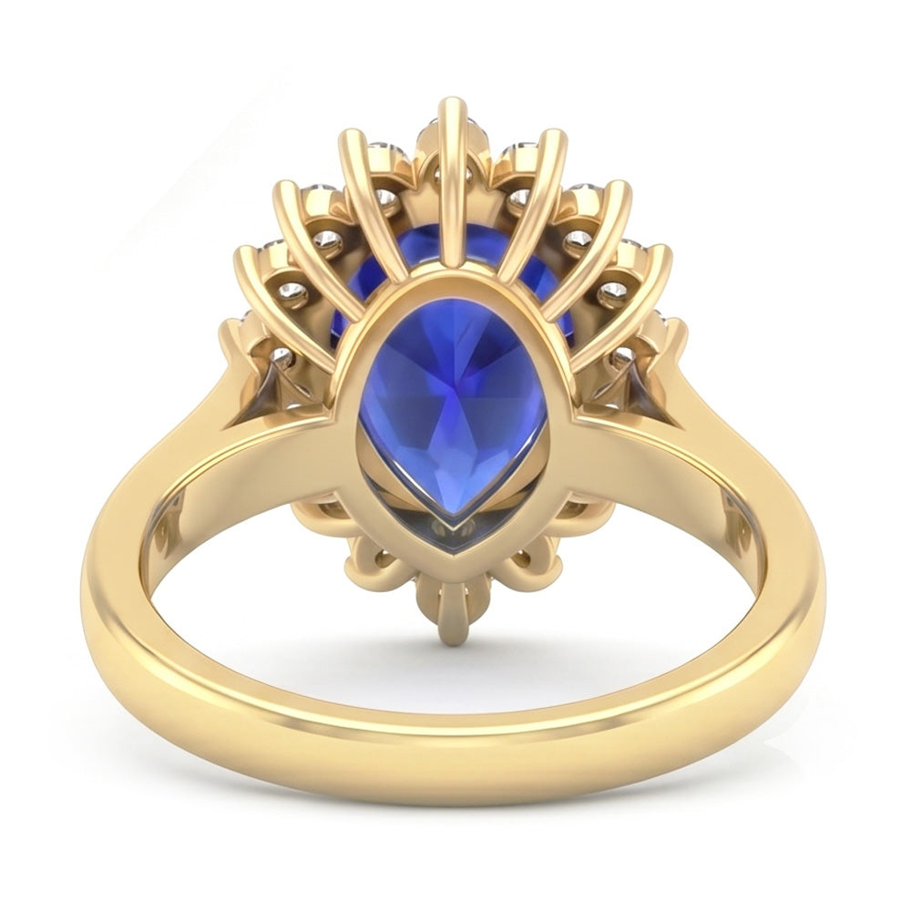 Yellow Gold Halo Ring Flower Style Ceylon Sapphire & Natural Earth Mined Diamond ( Not Lab Grown )s 4 Carats