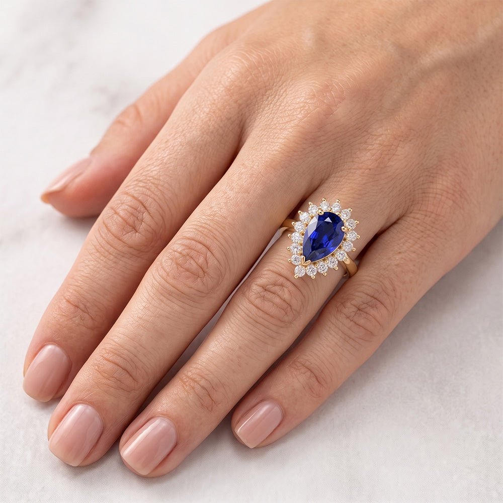 Yellow Gold Halo Ring Flower Style Ceylon Sapphire & Natural Earth Mined Diamond ( Not Lab Grown )s 4 Carats