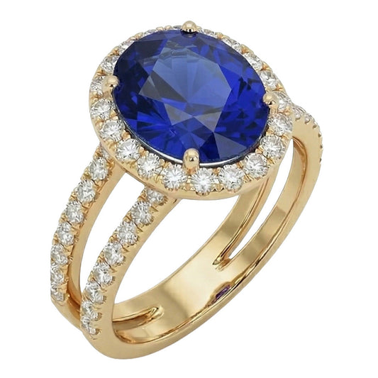 Yellow Gold IGI CERTIFIED Diamond Engagement Ring Set Oval Ceylon Color Sapphire Jewelry