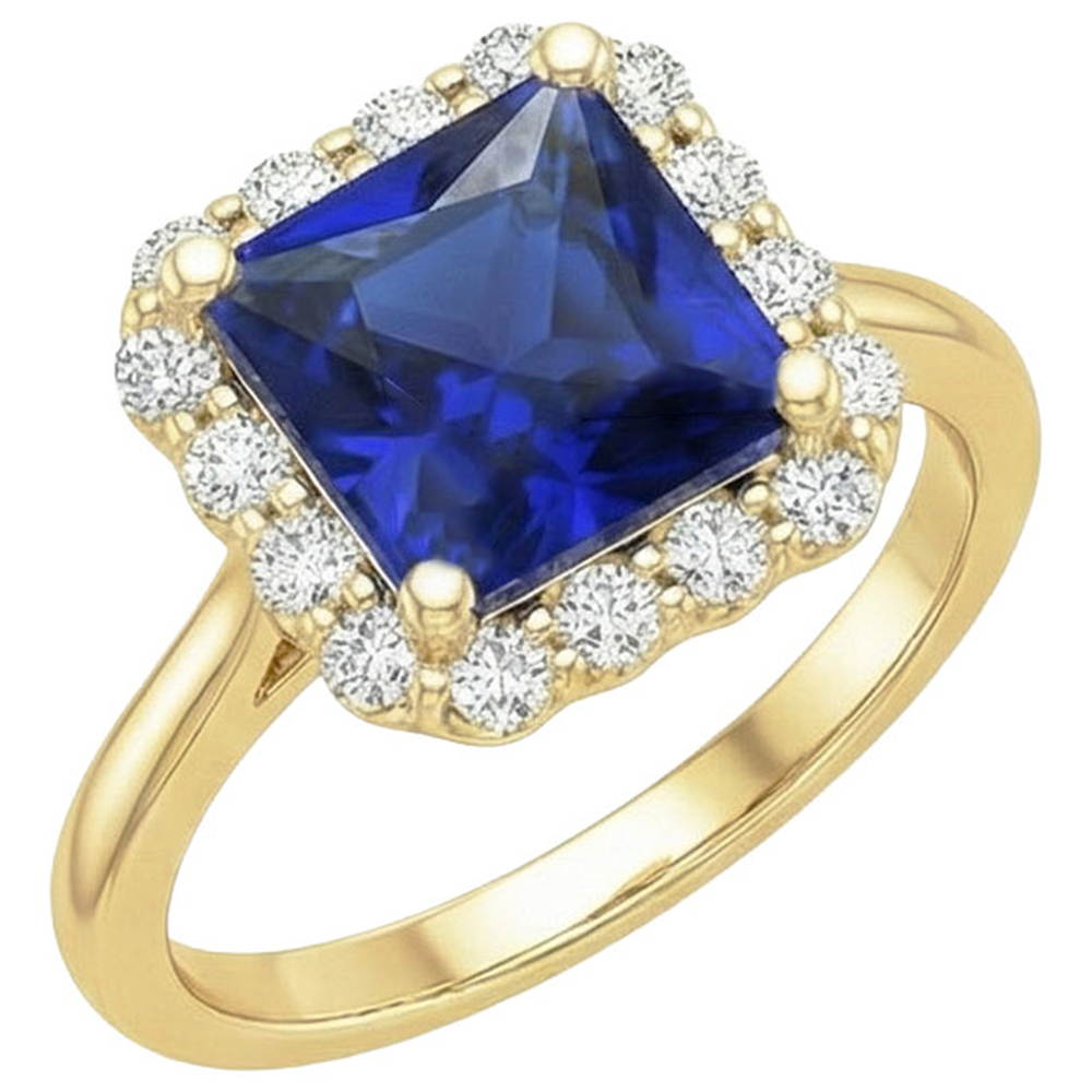 Yellow Gold Natural Earth Mined Diamond ( Not Lab Grown ) Halo Ring With Princess Cut Blue Sapphire 6 Carats