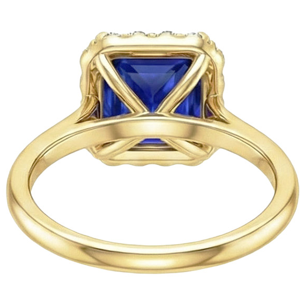 Yellow Gold Natural Earth Mined Diamond ( Not Lab Grown ) Halo Ring With Princess Cut Blue Sapphire 6 Carats