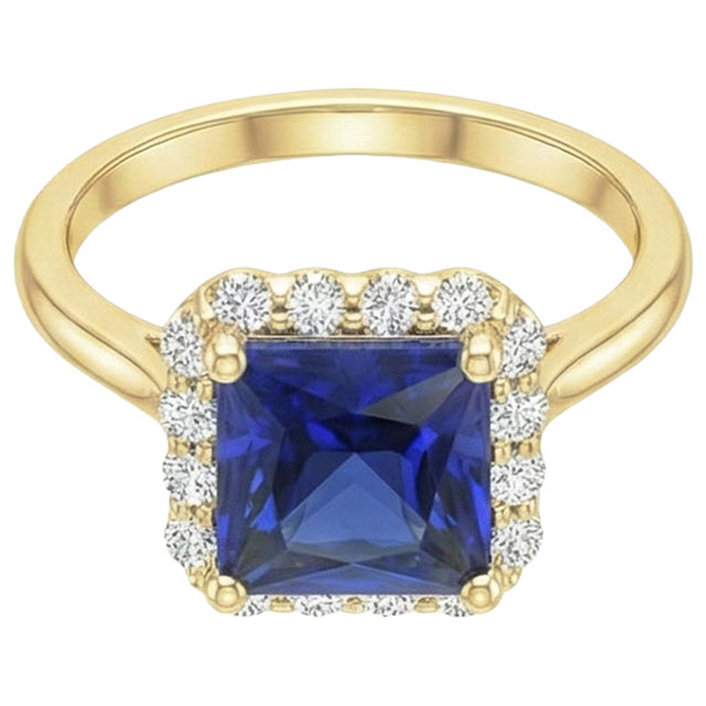 Yellow Gold Natural Earth Mined Diamond ( Not Lab Grown ) Halo Ring With Princess Cut Blue Sapphire 6 Carats