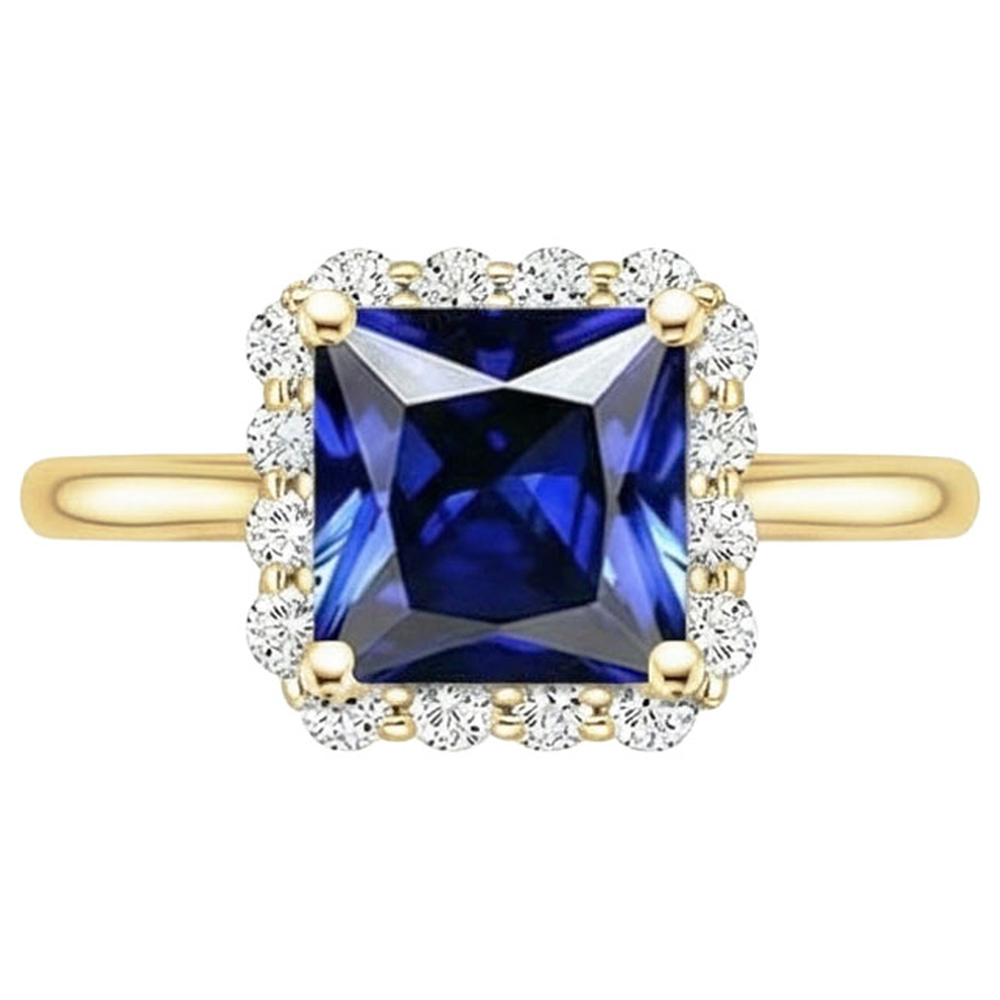 Yellow Gold Natural Earth Mined Diamond ( Not Lab Grown ) Halo Ring With Princess Cut Blue Sapphire 6 Carats