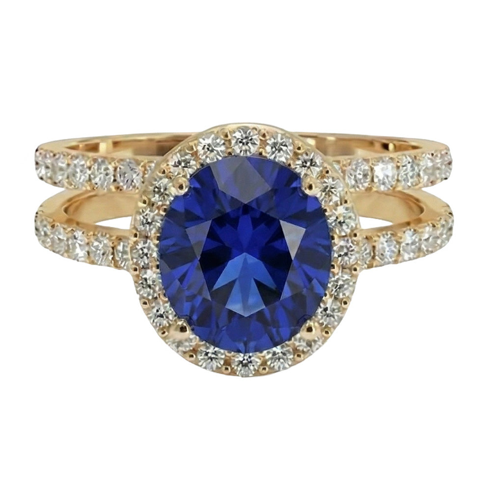 Yellow Gold Natural Earth Mined Diamond ( Not Lab Grown ) Engagement Ring Set Oval Ceylon Sapphire Jewelry