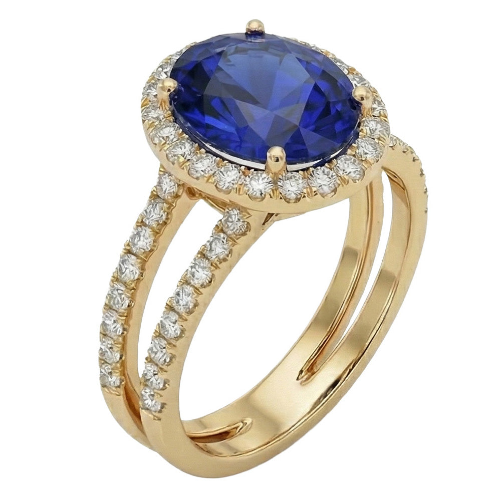 Yellow Gold Natural Earth Mined Diamond ( Not Lab Grown ) Engagement Ring Set Oval Ceylon Sapphire Jewelry