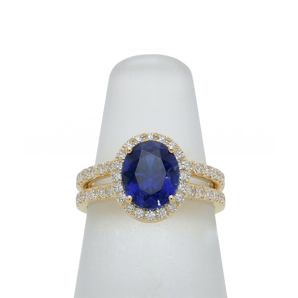 Yellow Gold Natural Earth Mined Diamond ( Not Lab Grown ) Engagement Ring Set Oval Ceylon Sapphire Jewelry