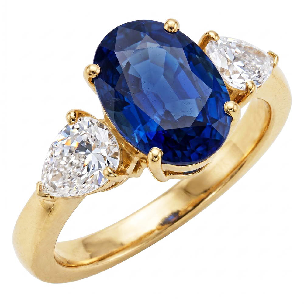 Yellow Gold Oval Blue Sapphire & Pear Natural Earth Mined Diamond ( Not Lab Grown ) 3 Stone Ring 5.25 Carats