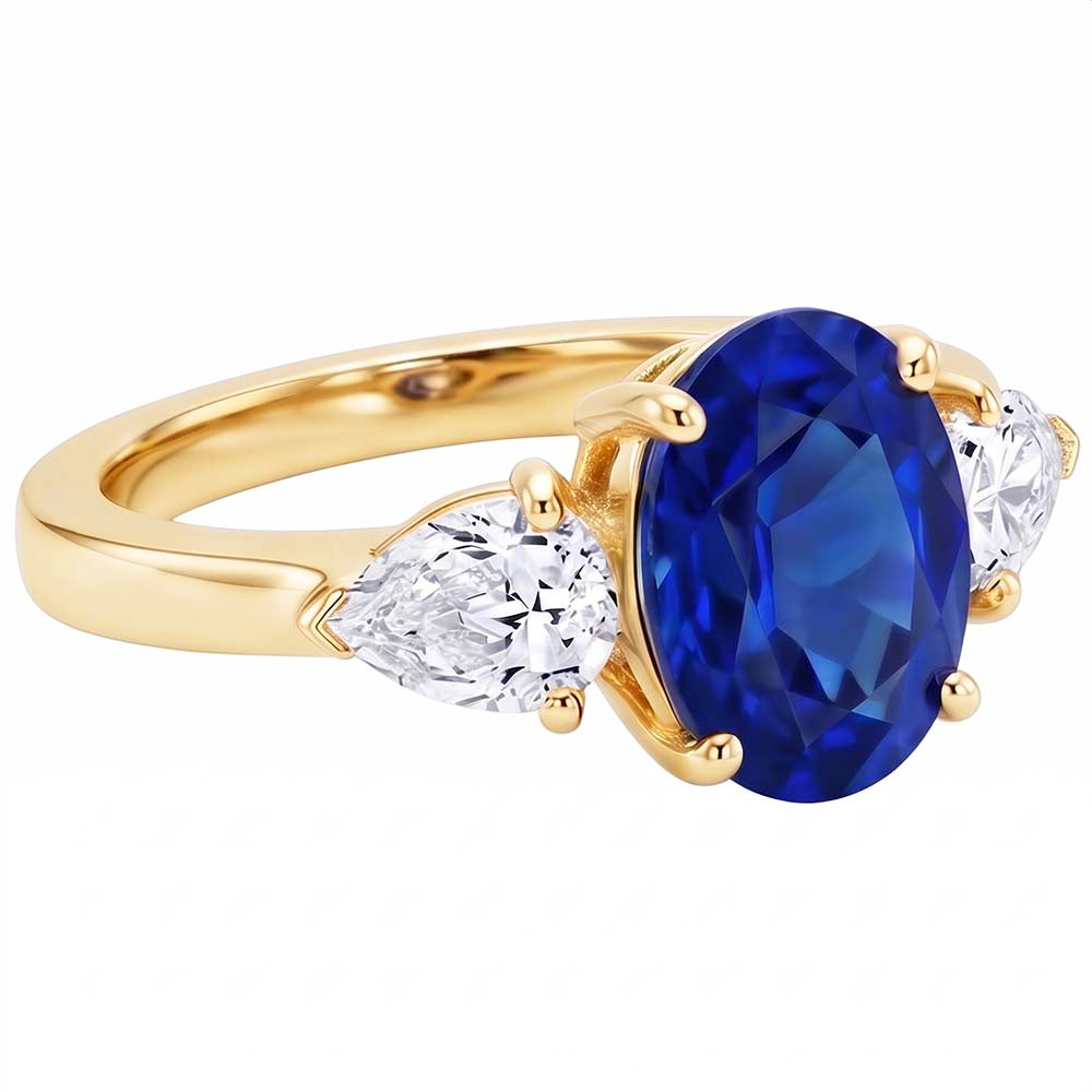 Yellow Gold Oval Blue Sapphire & Pear Natural Earth Mined Diamond ( Not Lab Grown ) 3 Stone Ring 5.25 Carats