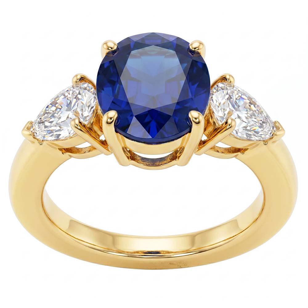 Yellow Gold Oval Blue Sapphire & Pear Natural Earth Mined Diamond ( Not Lab Grown ) 3 Stone Ring 5.25 Carats