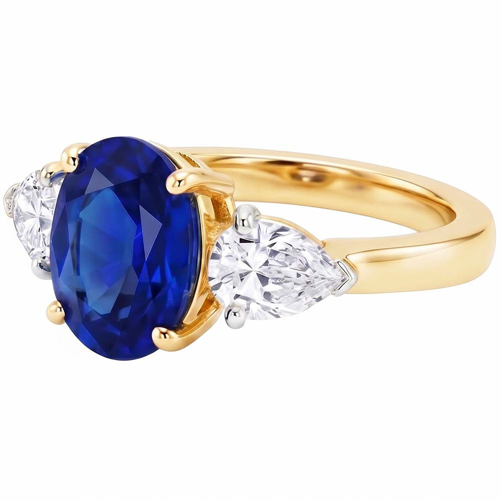 Yellow Gold Oval Blue Sapphire & Pear Natural Earth Mined Diamond ( Not Lab Grown ) 3 Stone Ring 5.25 Carats