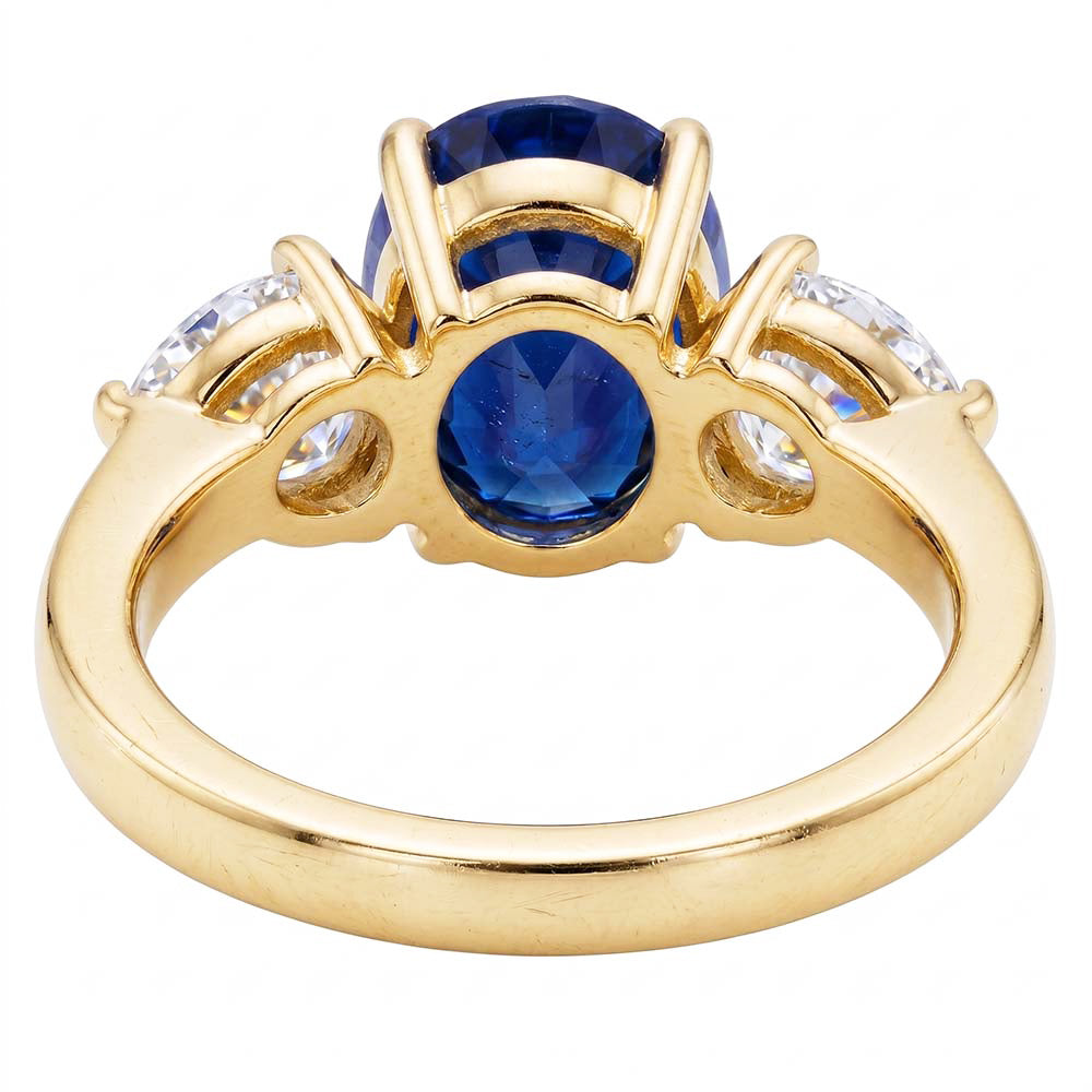 Yellow Gold Oval Blue Sapphire & Pear Natural Earth Mined Diamond ( Not Lab Grown ) 3 Stone Ring 5.25 Carats