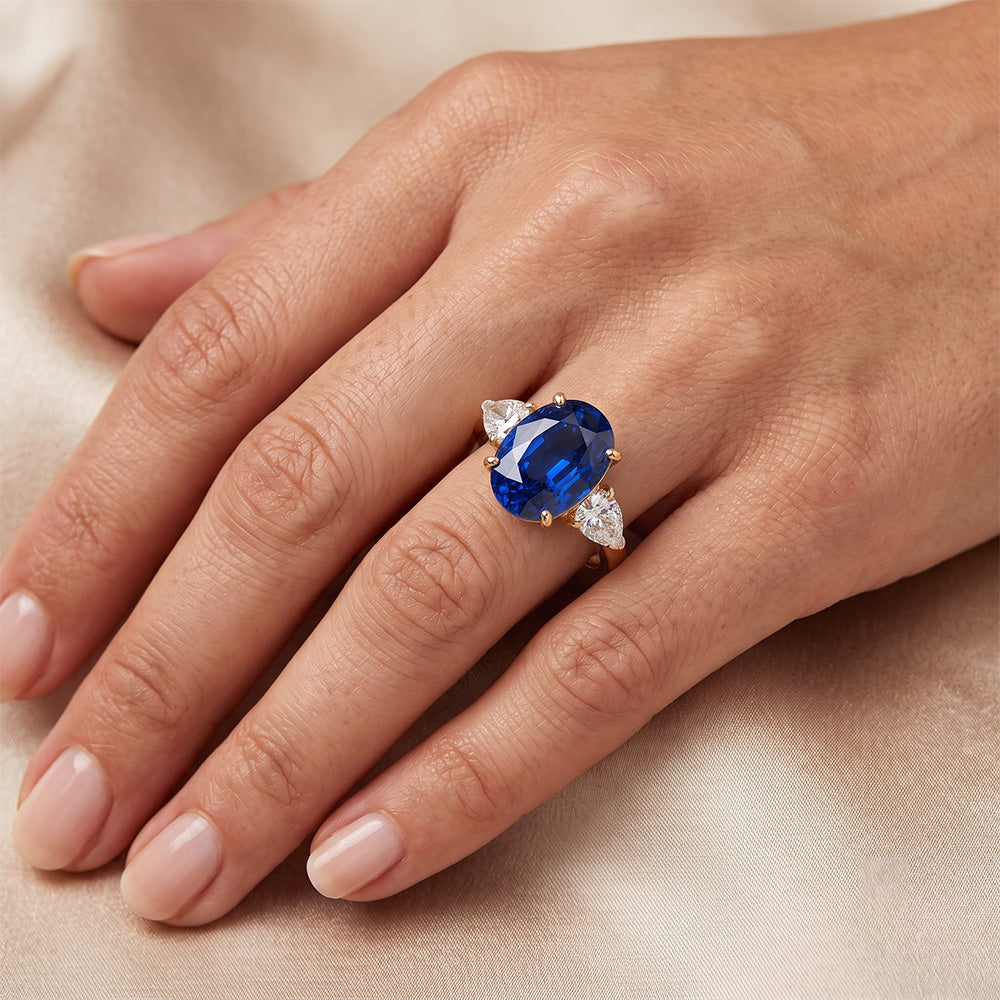 Yellow Gold Oval Blue Sapphire & Pear Natural Earth Mined Diamond ( Not Lab Grown ) 3 Stone Ring 5.25 Carats