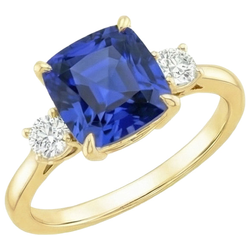 Yellow Gold Round Natural Earth Mined Diamond ( Not Lab Grown ) & Cushion Blue Sapphire Ring 2.75 Carats New