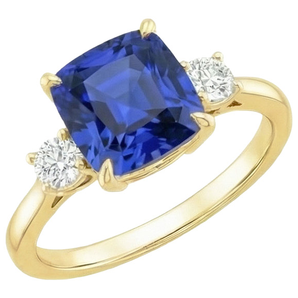 Yellow Gold Round Natural Earth Mined Diamond ( Not Lab Grown ) & Cushion Blue Sapphire Ring 2.75 Carats New