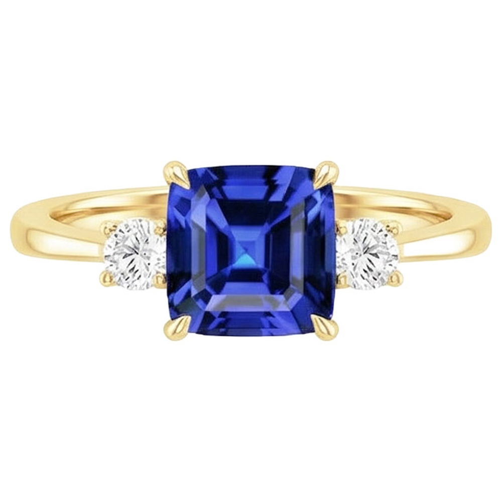 Yellow Gold Round Natural Earth Mined Diamond ( Not Lab Grown ) & Cushion Blue Sapphire Ring 2.75 Carats New