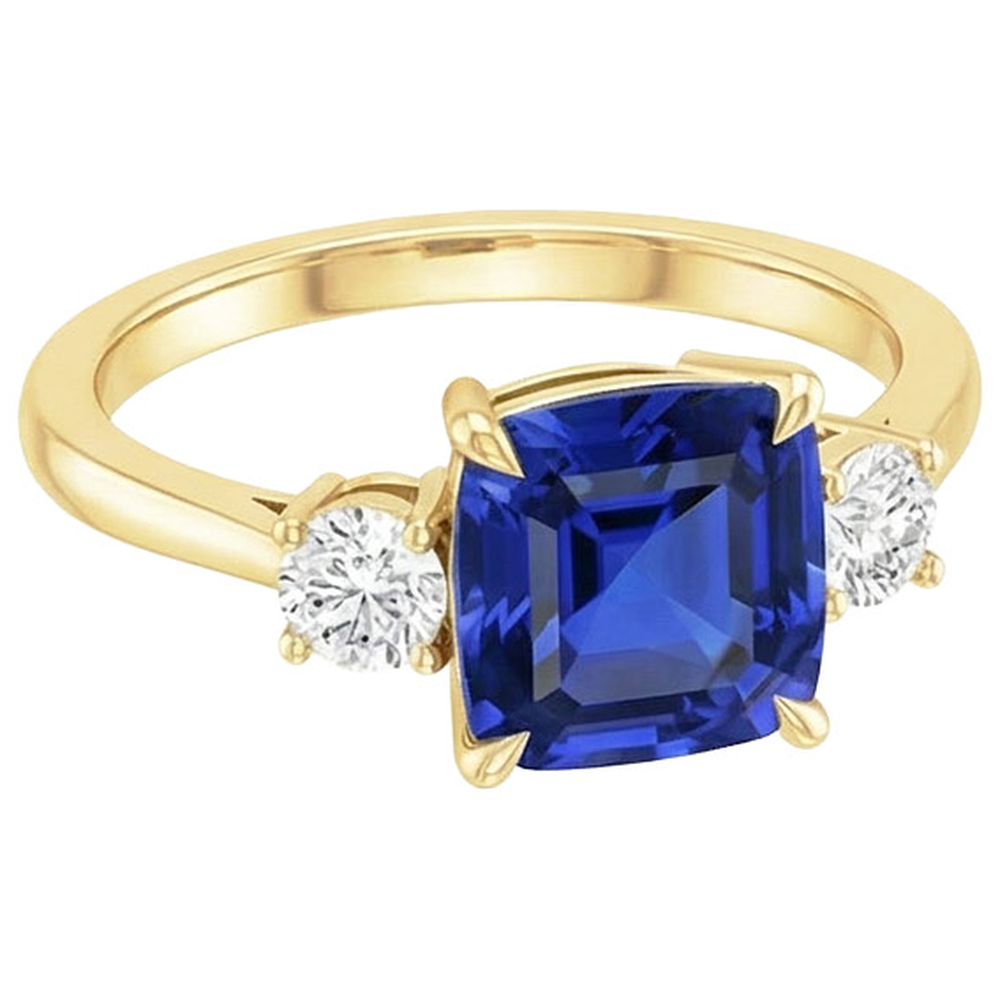 Yellow Gold Round Natural Earth Mined Diamond ( Not Lab Grown ) & Cushion Blue Sapphire Ring 2.75 Carats New
