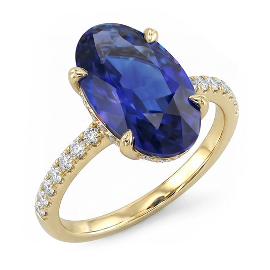 Yellow Gold Solitaire Oval Blue Sapphire Ring With Accents 4 Carats