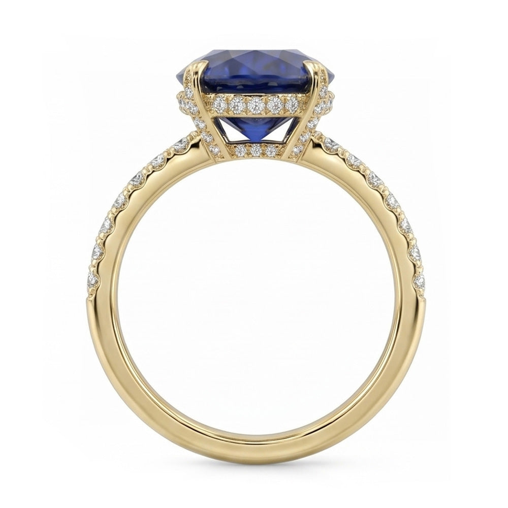 Yellow Gold Solitaire Oval Blue Sapphire Ring With Accents 4 Carats