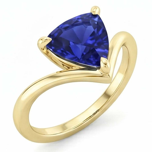 Yellow Gold Solitaire Ring Trillion Sapphire 1.50 Carats Prong Set