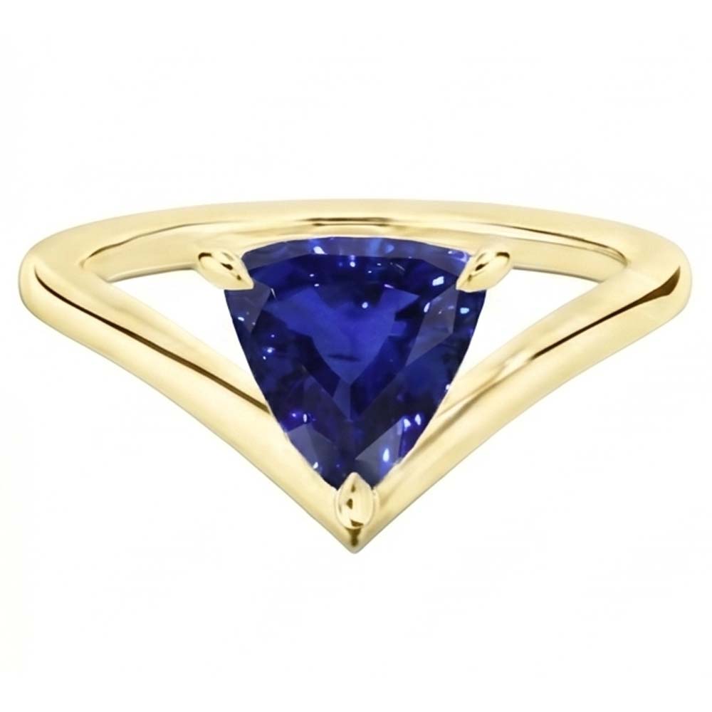 Yellow Gold Solitaire Ring Trillion Sapphire 1.50 Carats Prong Set