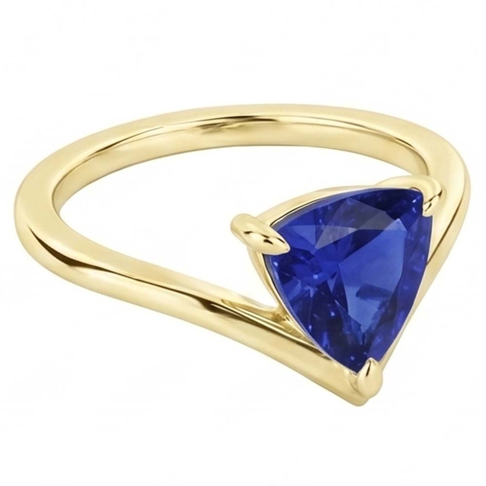 Yellow Gold Solitaire Ring Trillion Sapphire 1.50 Carats Prong Set