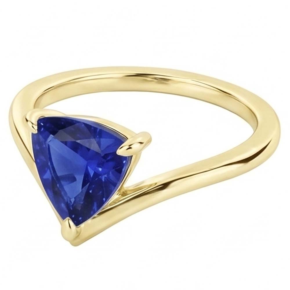 Yellow Gold Solitaire Ring Trillion Sapphire 1.50 Carats Prong Set