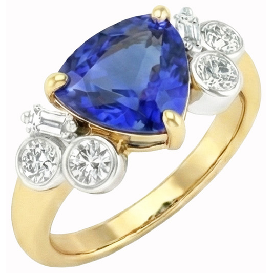 Yellow Gold Trillion Cut Sri Lanka Sapphire Natural Earth Mined Diamond ( Not Lab Grown ) s 6.11 Ct. Ring