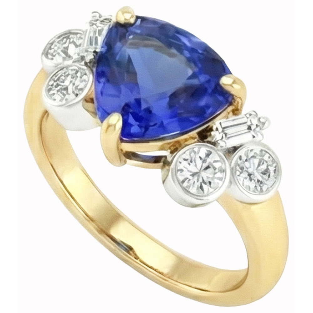 Yellow Gold Trillion Cut Sri Lanka Sapphire Natural Earth Mined Diamond ( Not Lab Grown ) s 6.11 Ct. Ring