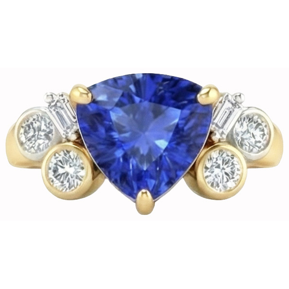Yellow Gold Trillion Cut Sri Lanka Sapphire Natural Earth Mined Diamond ( Not Lab Grown ) s 6.11 Ct. Ring