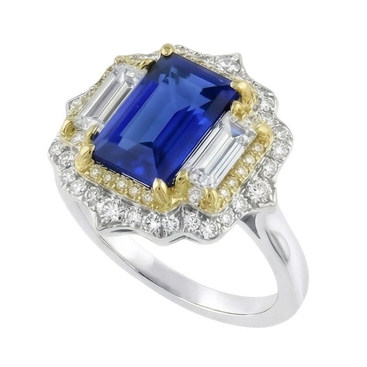 Yellow & White Gold Emerald Cut Blue Sapphire Natural Earth Mined Diamond ( Not Lab Grown ) Ring 6.75 Carats