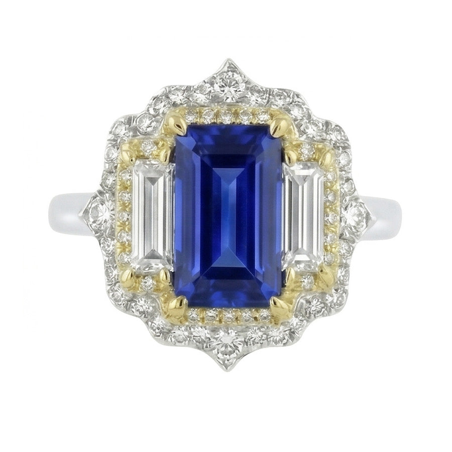 Yellow & White Gold Emerald Cut Blue Sapphire Natural Earth Mined Diamond ( Not Lab Grown ) Ring 6.75 Carats