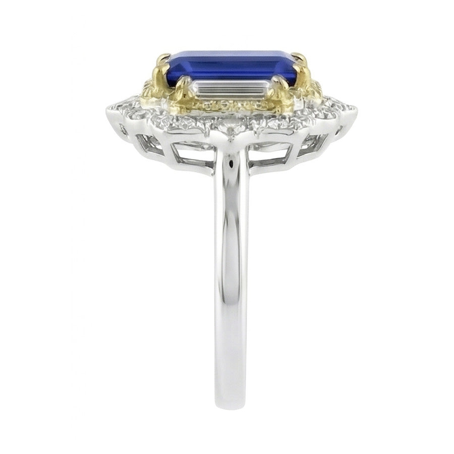 Yellow & White Gold Emerald Cut Blue Sapphire Natural Earth Mined Diamond ( Not Lab Grown ) Ring 6.75 Carats