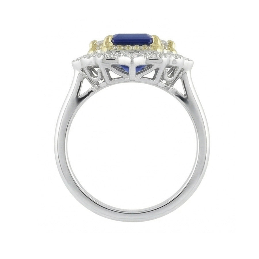 Yellow & White Gold Emerald Cut Blue Sapphire Natural Earth Mined Diamond ( Not Lab Grown ) Ring 6.75 Carats