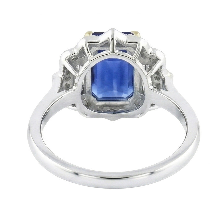 Yellow & White Gold Emerald Cut Blue Sapphire Natural Earth Mined Diamond ( Not Lab Grown ) Ring 6.75 Carats
