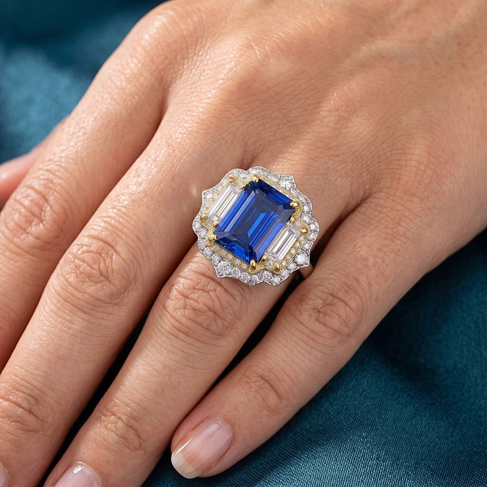 Yellow & White Gold Emerald Cut Blue Sapphire Natural Earth Mined Diamond ( Not Lab Grown ) Ring 6.75 Carats