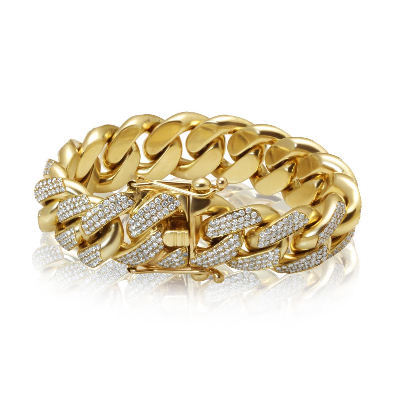 Yellow Gold 14K 18 Mm Mens Cuban Link Bracelet 9.70 Carats Real Diamonds