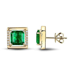 Yellow Gold 14K 4.50 Ct Green Emerald With Natural Earth Mined Diamonds Studs Earrings New