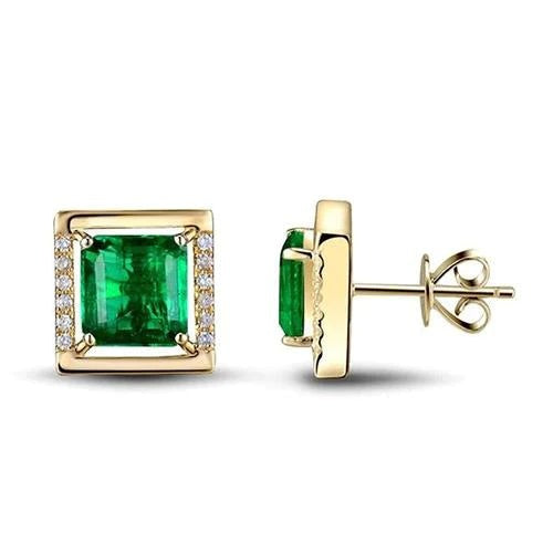 Yellow Gold 14K 4.50 Ct Green Emerald With Diamonds Studs Earrings New