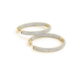 Yellow Gold 14K 7 Carats Round Cut Genuine Diamonds Hoop Earrings New