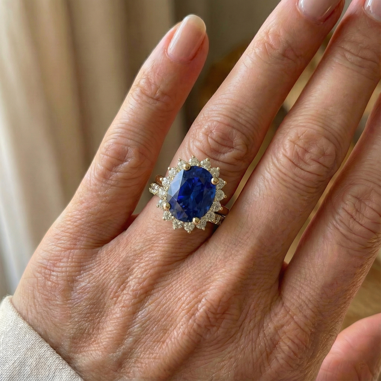 Yellow Gold Ceylon Sapphire Ring Set With Natural Earth Mined Diamond ( Not Lab Grown ) Accents 7.50 Carats