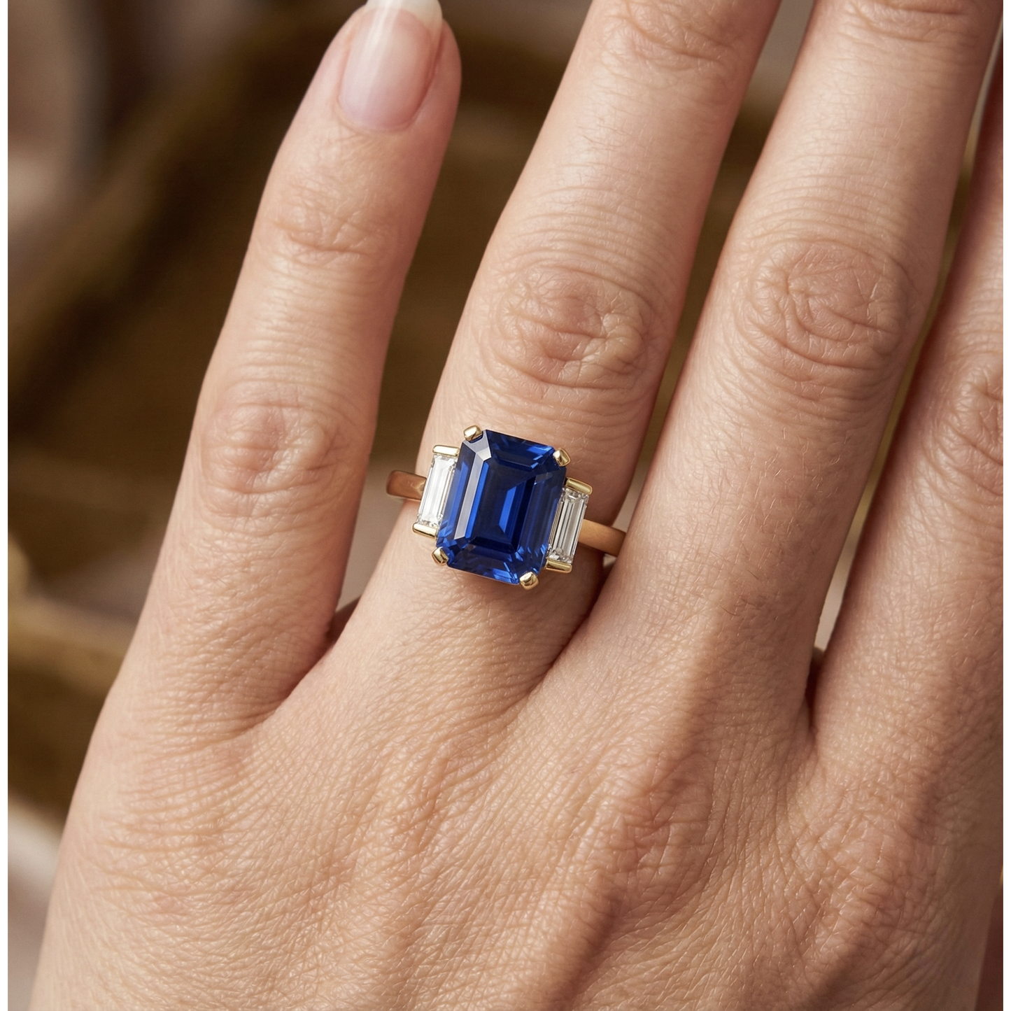 Yellow Gold Emerald Gemstone Ring Baguette Natural Earth Mined Diamond ( Not Lab Grown )s 5 Carats 3 Stone