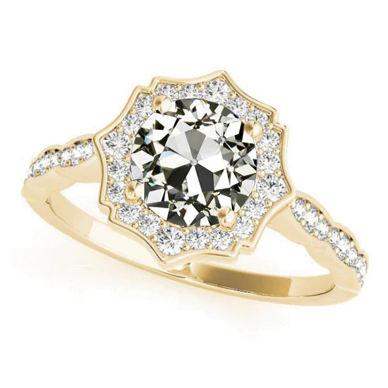 Yellow Gold Halo Round Old Cut Natural Diamond Ring 4.50 Carats Pave Set