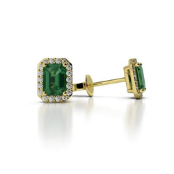 Yellow Gold Lady Studs Earrings 5.40 Ct Green Emerald And Natural Earth Mined Diamonds Halo