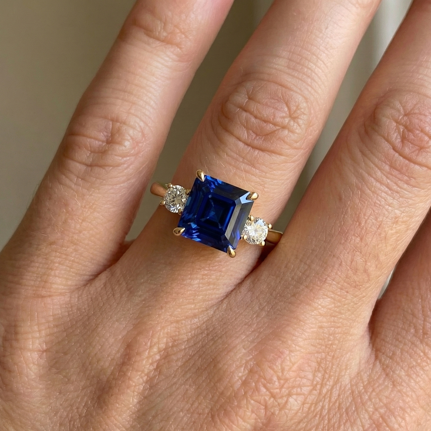 Yellow Gold Round Natural Earth Mined Diamond ( Not Lab Grown ) & Cushion Blue Sapphire Ring 2.75 Carats New